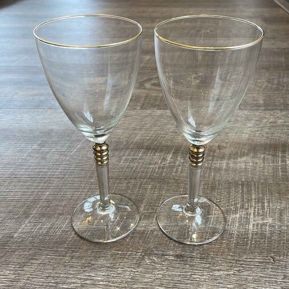 Hollywood Regency Style Wine Water Glasses Gold Rim Gold Rings 8” Set of 2 - Picture 1 of 9